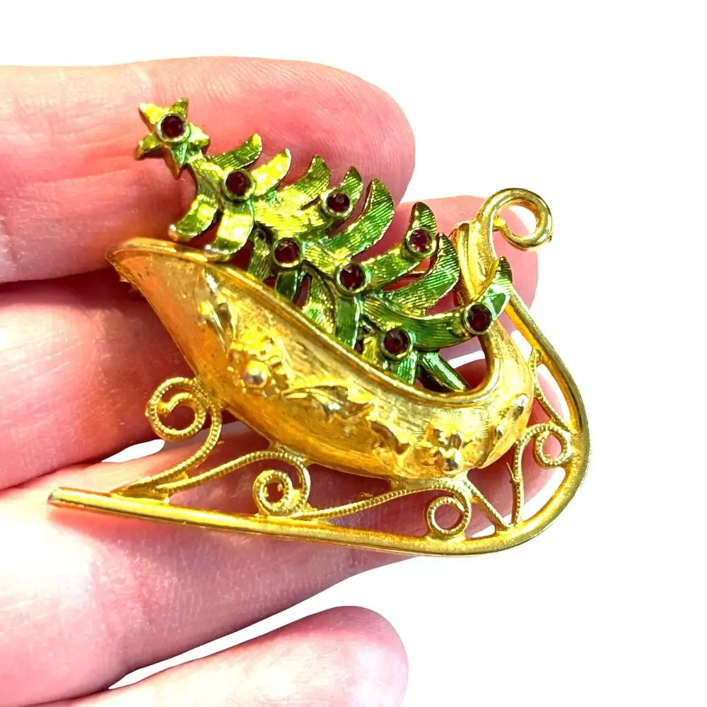 Vintage Christmas brooch sleigh gold with green tree & red ornaments signed MYLU